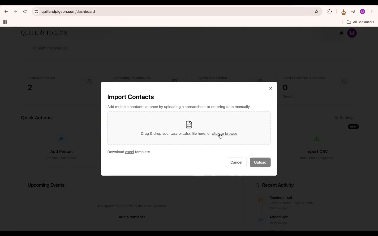 Quill & Pigeon contact import demonstration, from file selection to saved contacts